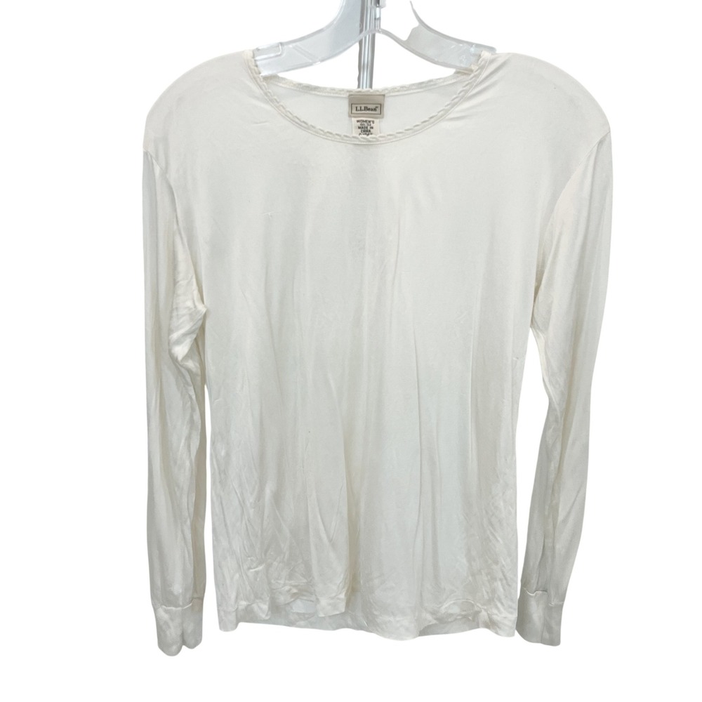 LL Bean Womens Medium Silk Long Sleeve Base Layer Top Ivory Scalloped Neck